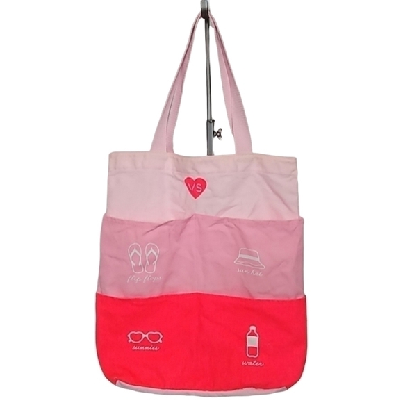 Victoria's Secret Pink Color Block Canvas Beach Pool Tote Bag Labeled Pockets - Picture 1 of 9